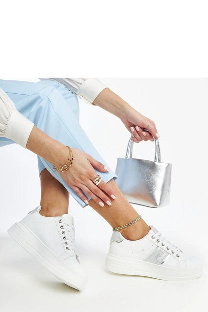 Close-up view of Finestra White & Silver Sneakers by Solea showcasing the eco-leather material and lace-up design.