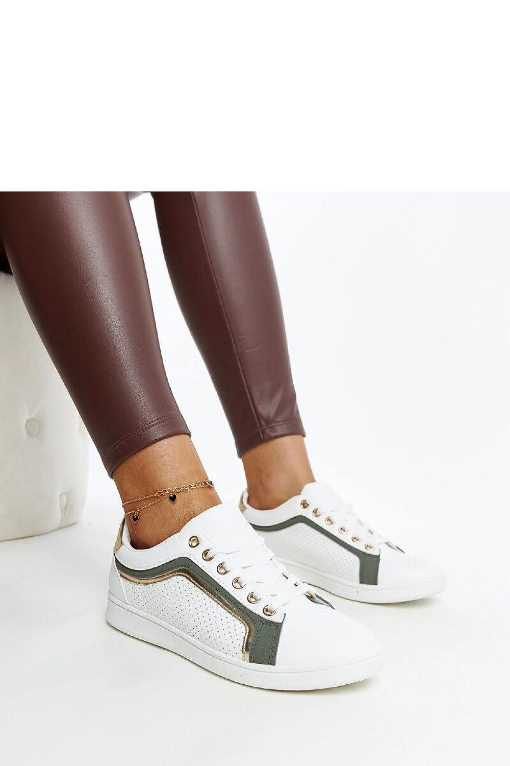 Close-up of Solea Eco Leather platform sneakers in white and green, featuring stylish laced closure and modern silhouette, perfect for luxury casual wear.