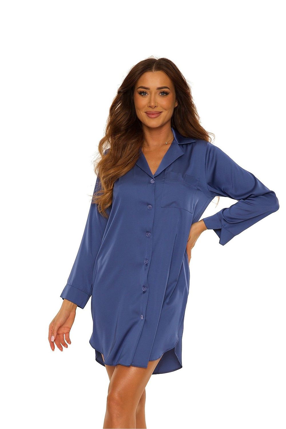 Luxurious satin nightshirt for women by De Lafense, showcasing elegant 7/8 sleeves and a soft, shiny fabric, perfect for comfort and style.