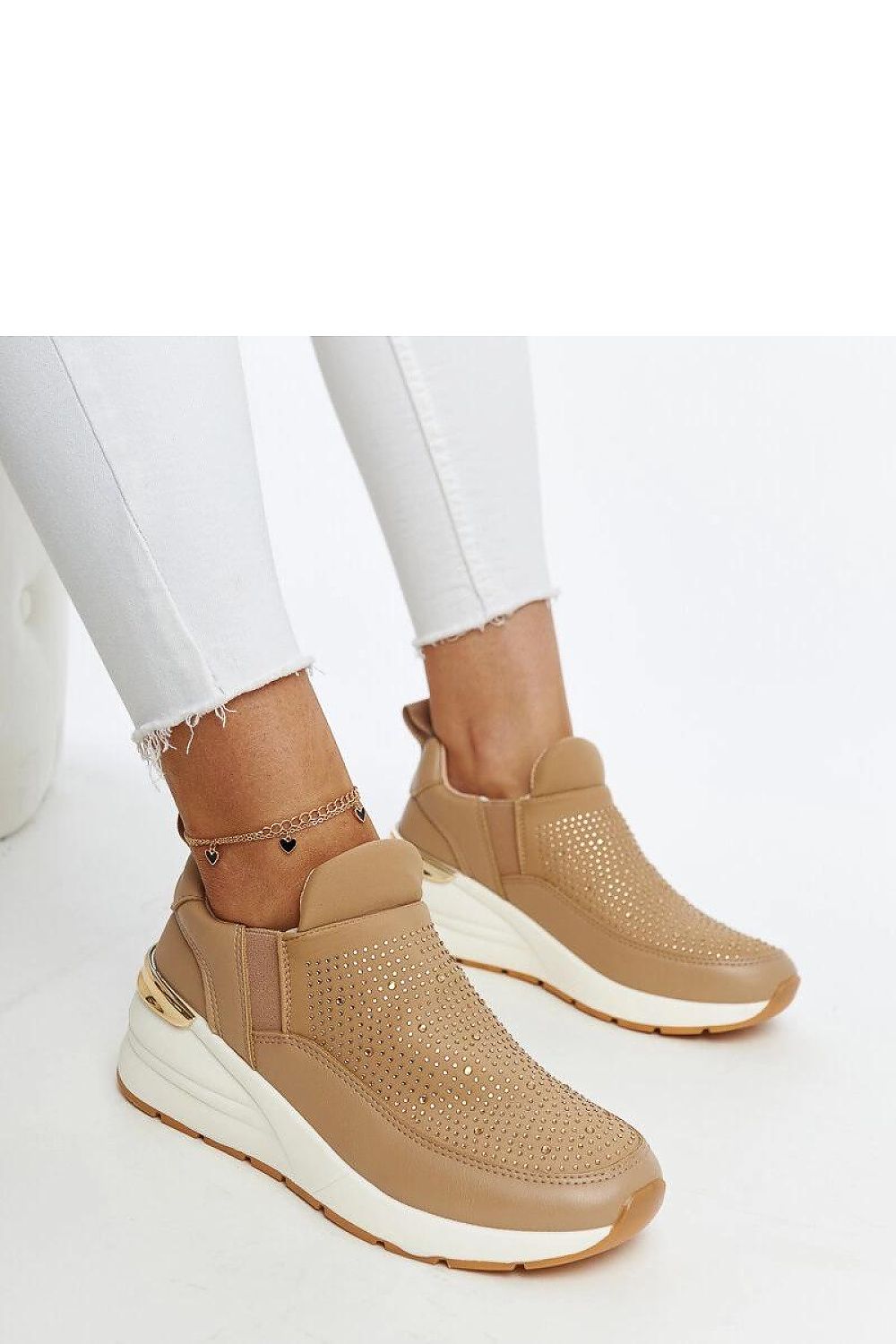 Luxurious brown wedge sneakers with rhinestones from Solea, made of eco leather, designed for style and comfort in EU sizes 36-41.