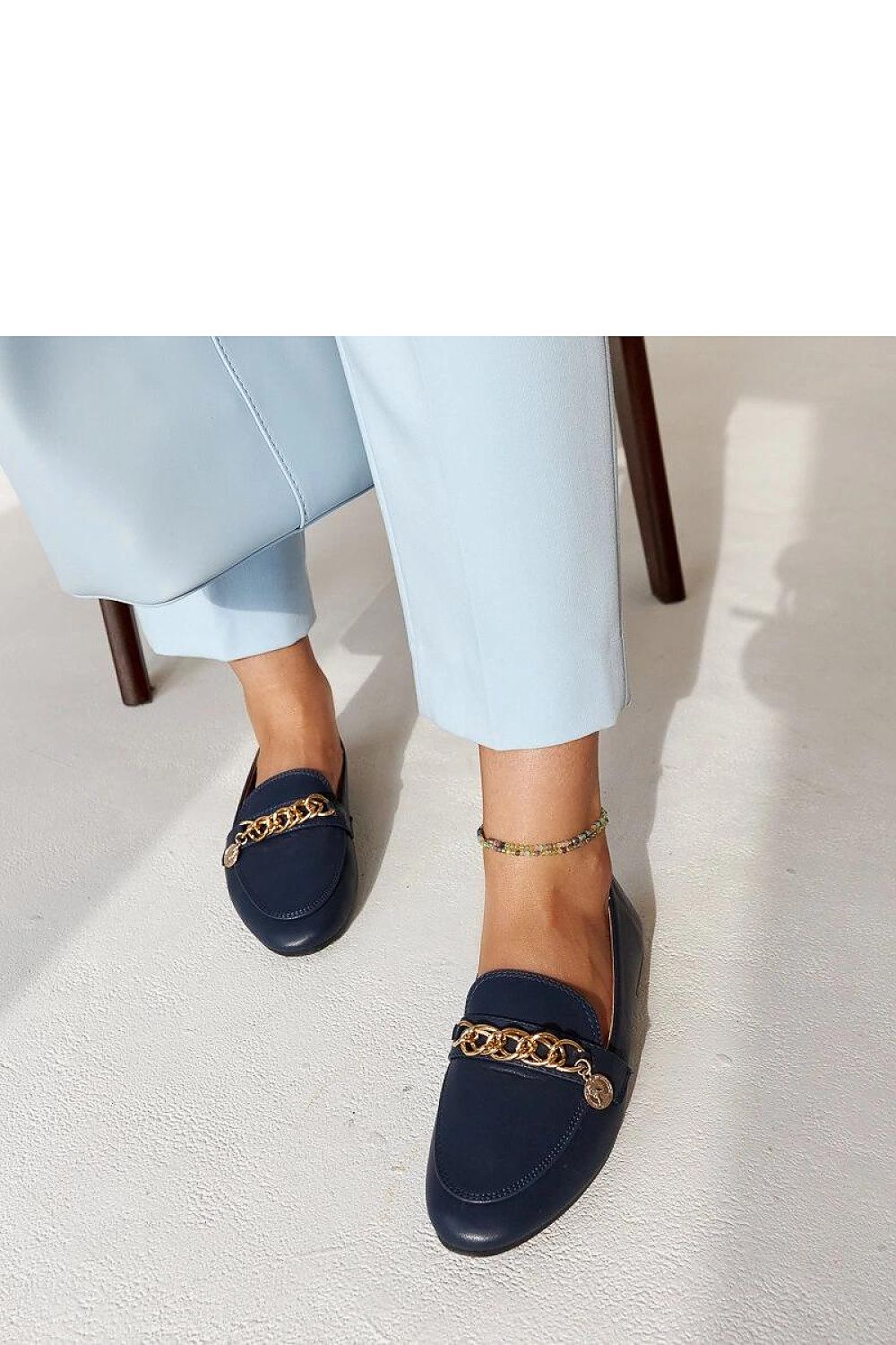 Top view of Solea navy blue Scaletta moccasins, featuring the chic almond toe shape and breathable eco-leather, perfect for modern footwear lovers.