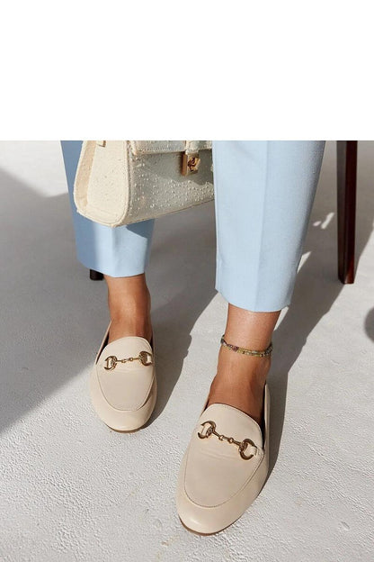 Close-up of Solea Erminia eco-leather loafers, highlighting the sophisticated buckle detail and sleek almond toe, ideal for a fashionable, comfortable summer look.