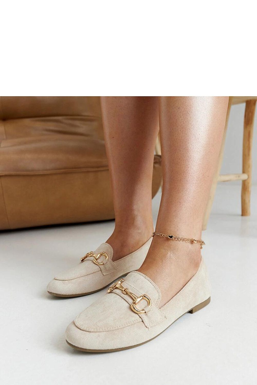 Elegant eco leather beige loafers with buckle by Solea, featuring an almond toe design, ideal for summer fashion.