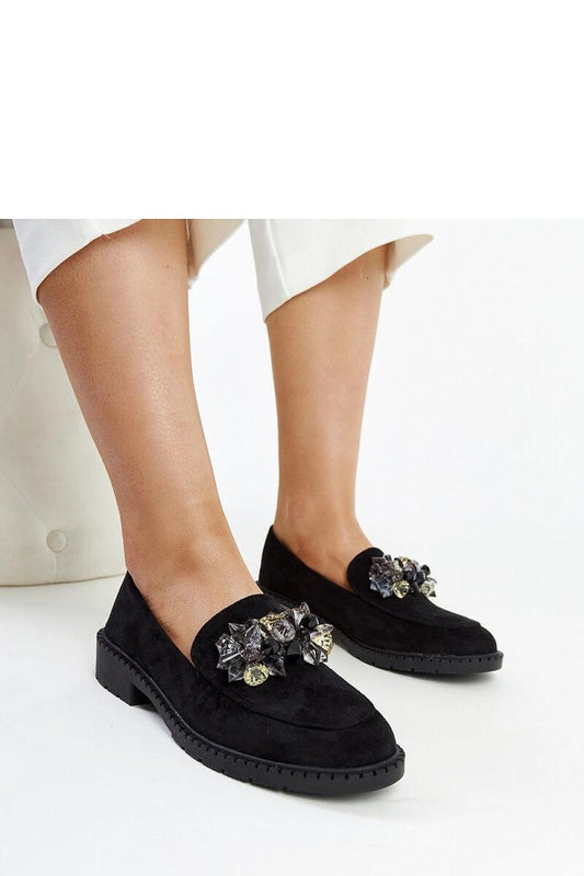 Elegant black suede moccasins by Solea adorned with crystals, featuring a flexible rubber sole and designed for style and comfort, available in EU sizes 36-41.