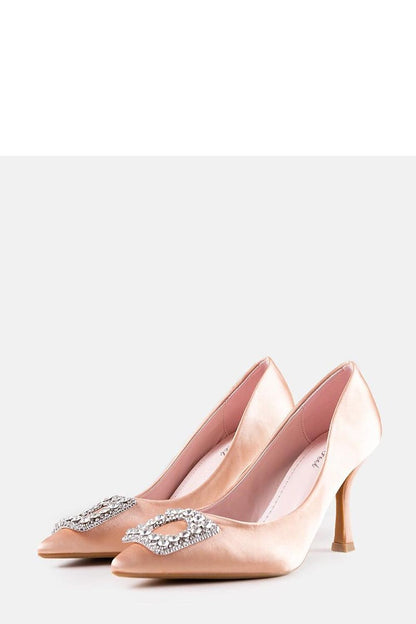 Luxury beige satin high heel pumps adorned with rhinestones by Solea, showcasing elegant summer footwear for special occasions.