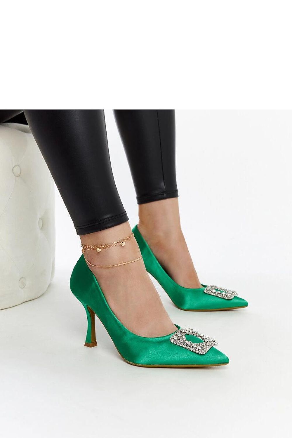 Elegant beige satin high heel pumps adorned with rhinestones from Solea, showcasing a pointed toe and 8 cm heel, perfect for summer occasions.