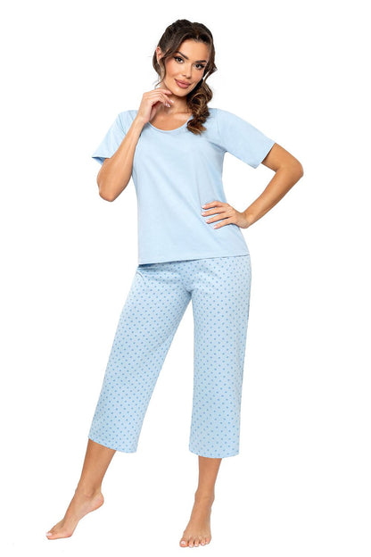 Luxury Cotton Women's Pyjama Set by Donna featuring a blue blouse and polka dot cropped pants, perfect for elegant comfort during sleep.