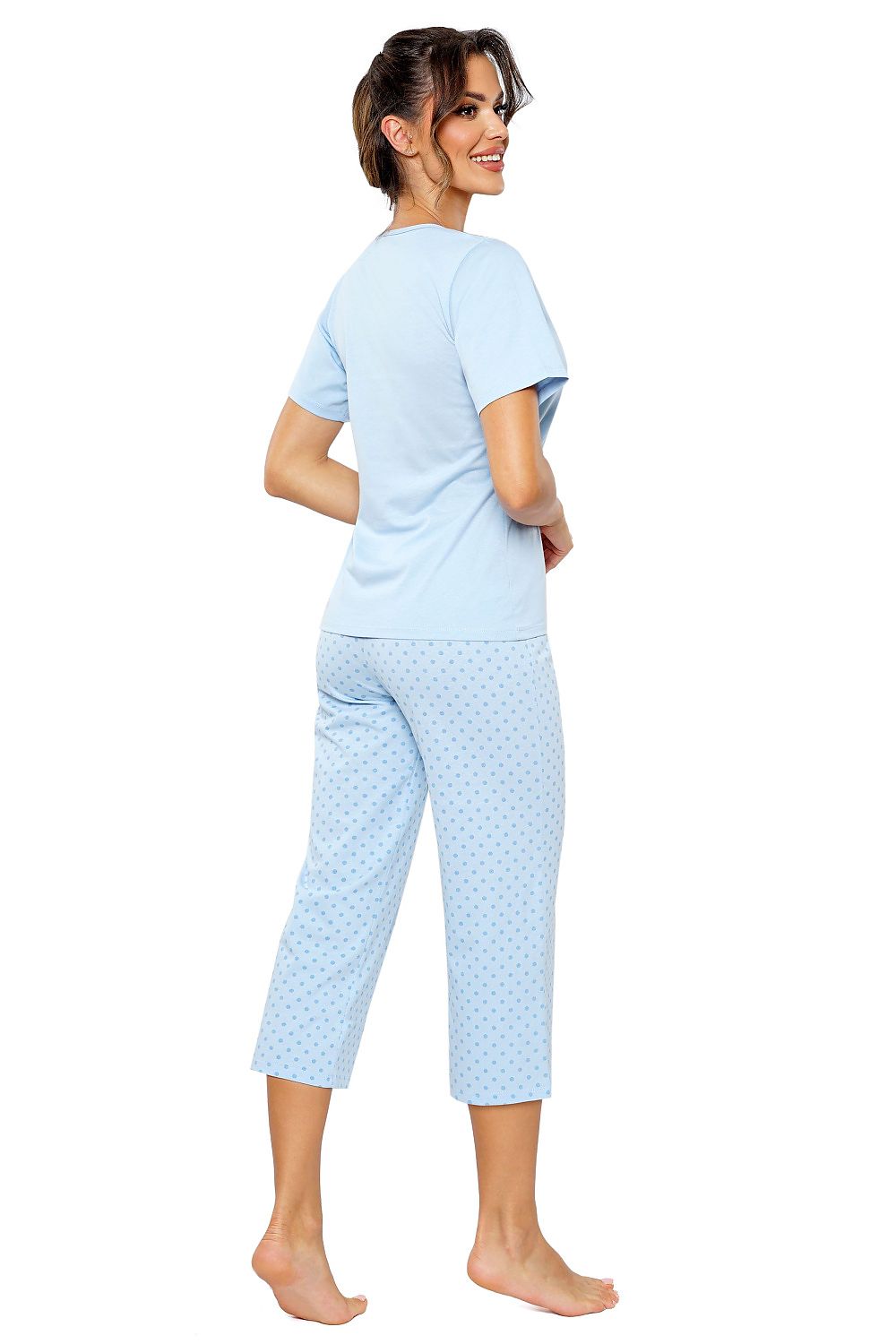Luxury cotton women's pyjama set by Donna featuring a stylish blue blouse with elegant elongated sleeves paired with trendy polka dot cropped pants, perfect for comfortable sleep and stylish lounging. Available in sizes EU S-XXL and US S-XXL.