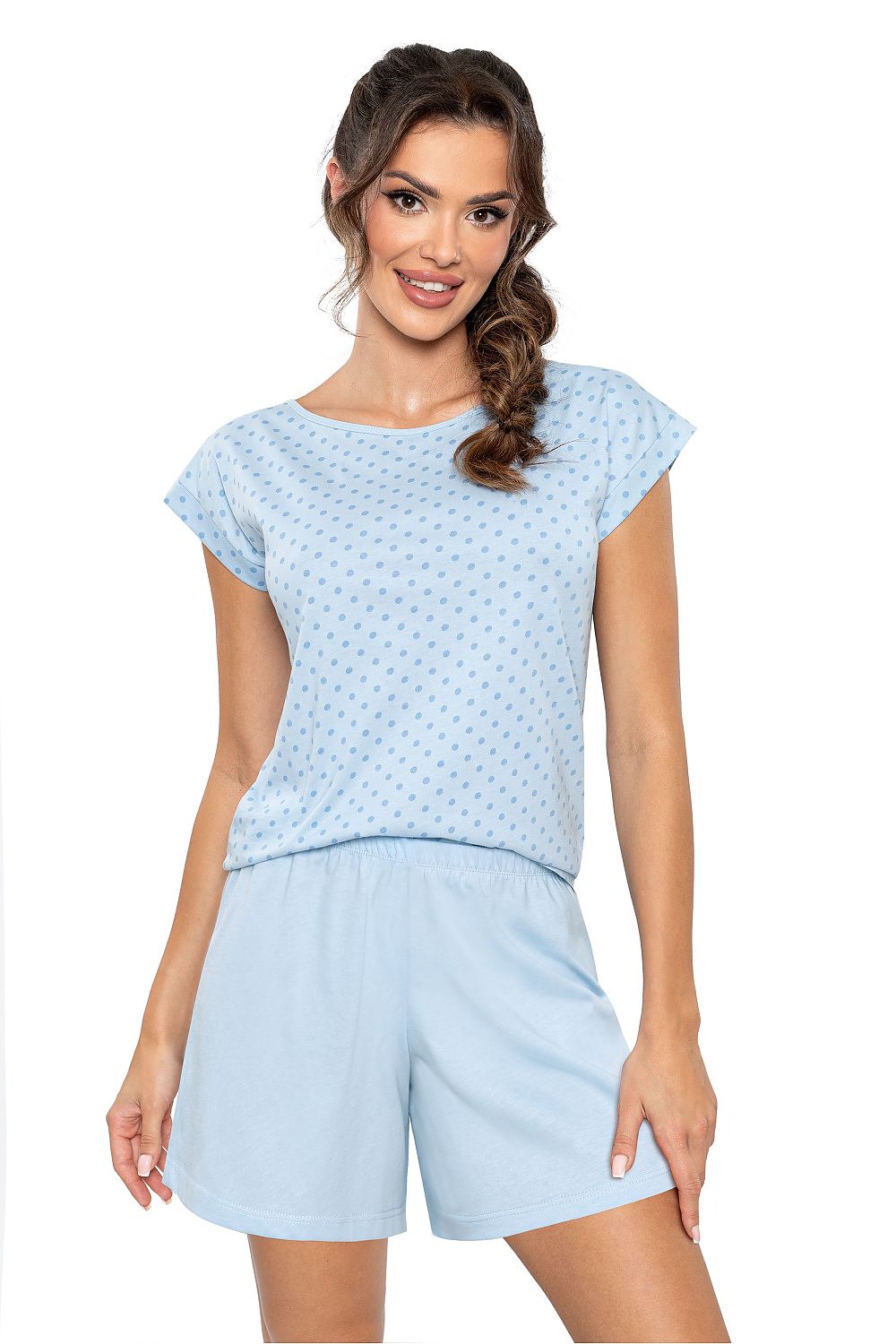 Luxury women's cotton pyjama set by Donna featuring a stylish polka dot kimono blouse and elegant blue shorts, perfect for a comfortable night's sleep.