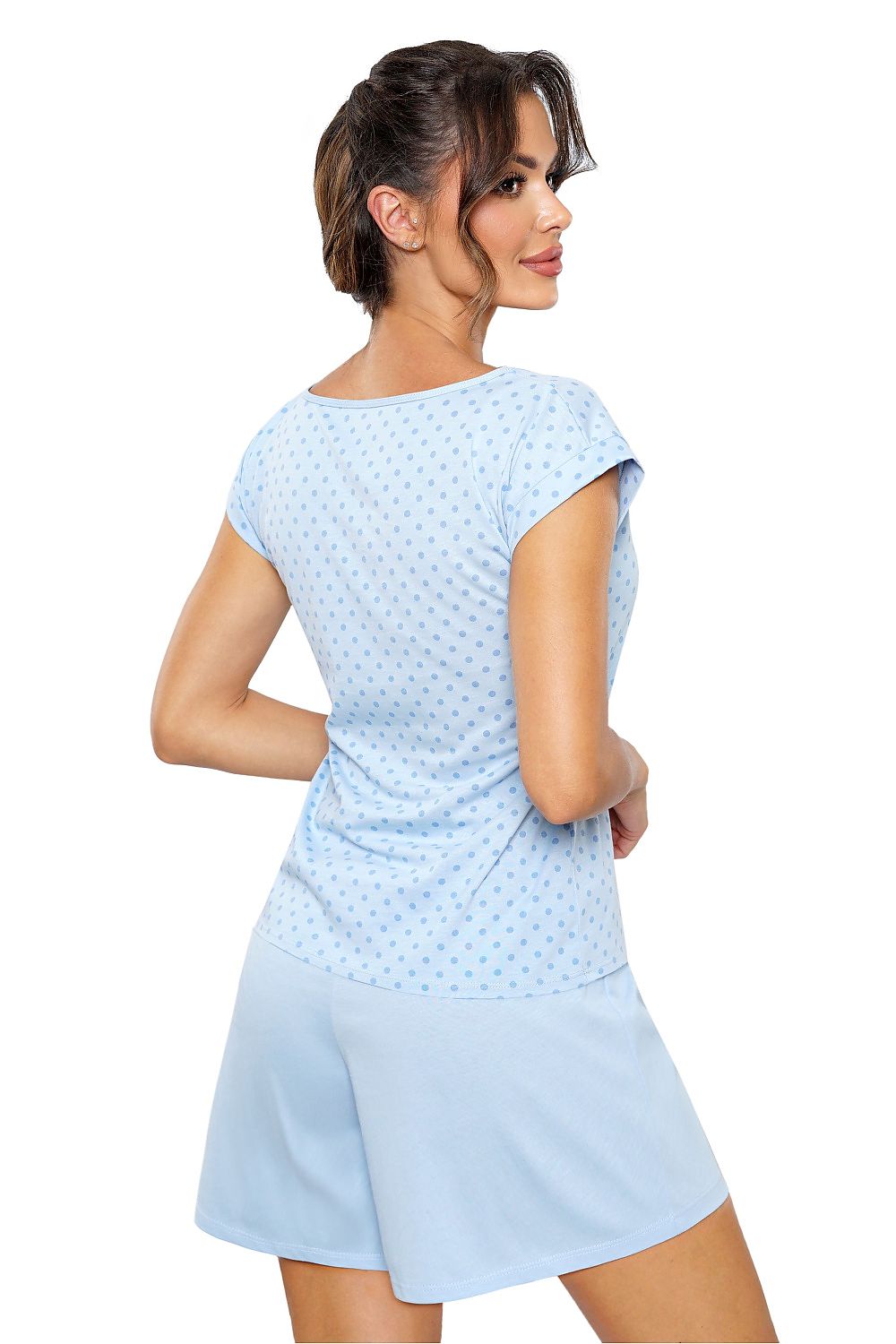 Charming cotton pyjama set for women by Donna, showcasing a trendy polka dot kimono styled top paired with blue shorts, designed for ultimate comfort and elegance.