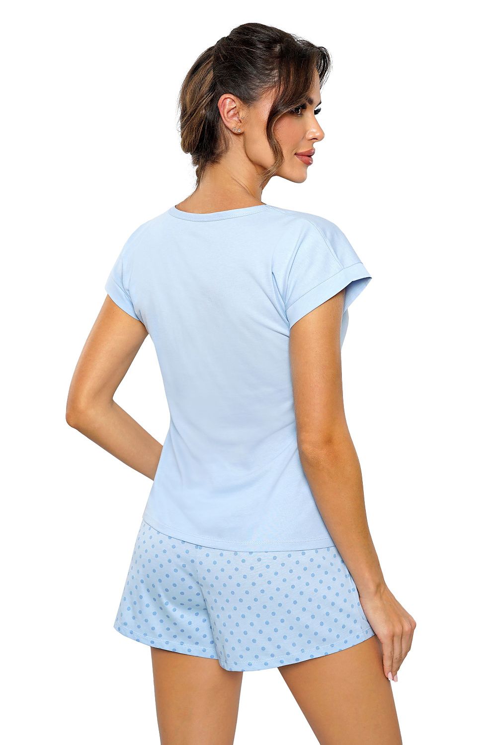 Elegant women's cotton pajama ensemble by Donna, showcasing a feminine V-neck top paired with charming polka dot shorts, perfect for a luxurious night's rest.