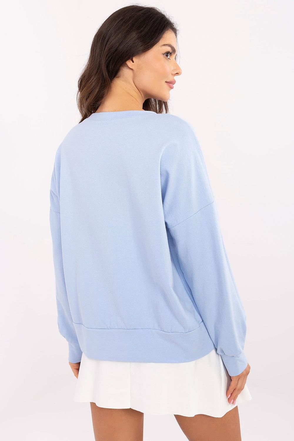 Stylish close-up of the trendy inscription on Luxury Italy Moda women's cotton-blend sweatshirt, showcasing its unique character and fashionable appeal.