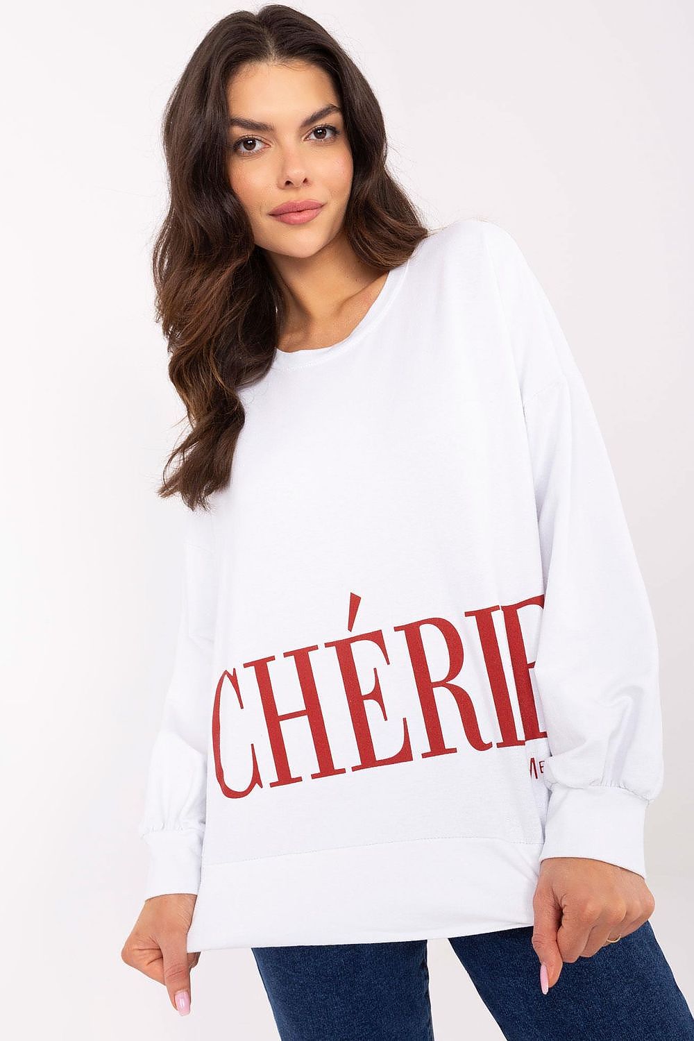 Elegant display of Luxury Italy Moda women's cotton-blend sweatshirt, highlighting its soft fabric and flattering round neckline for a feminine touch.