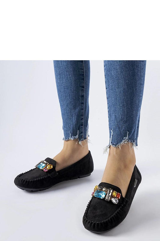 Elegant black eco-leather loafers by Solea adorned with sparkling zirconia embellishments, perfect for stylish summer outings.