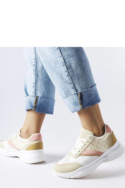 Detailed view of Solea beige and white eco leather sneakers with gold accents, perfect for stylish spring and summer wear.