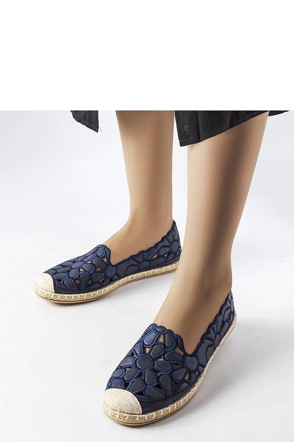 Solea navy blue eco leather espadrilles with slip-on design, perfect for summer footwear, showcasing the stylish beige rubber sole.