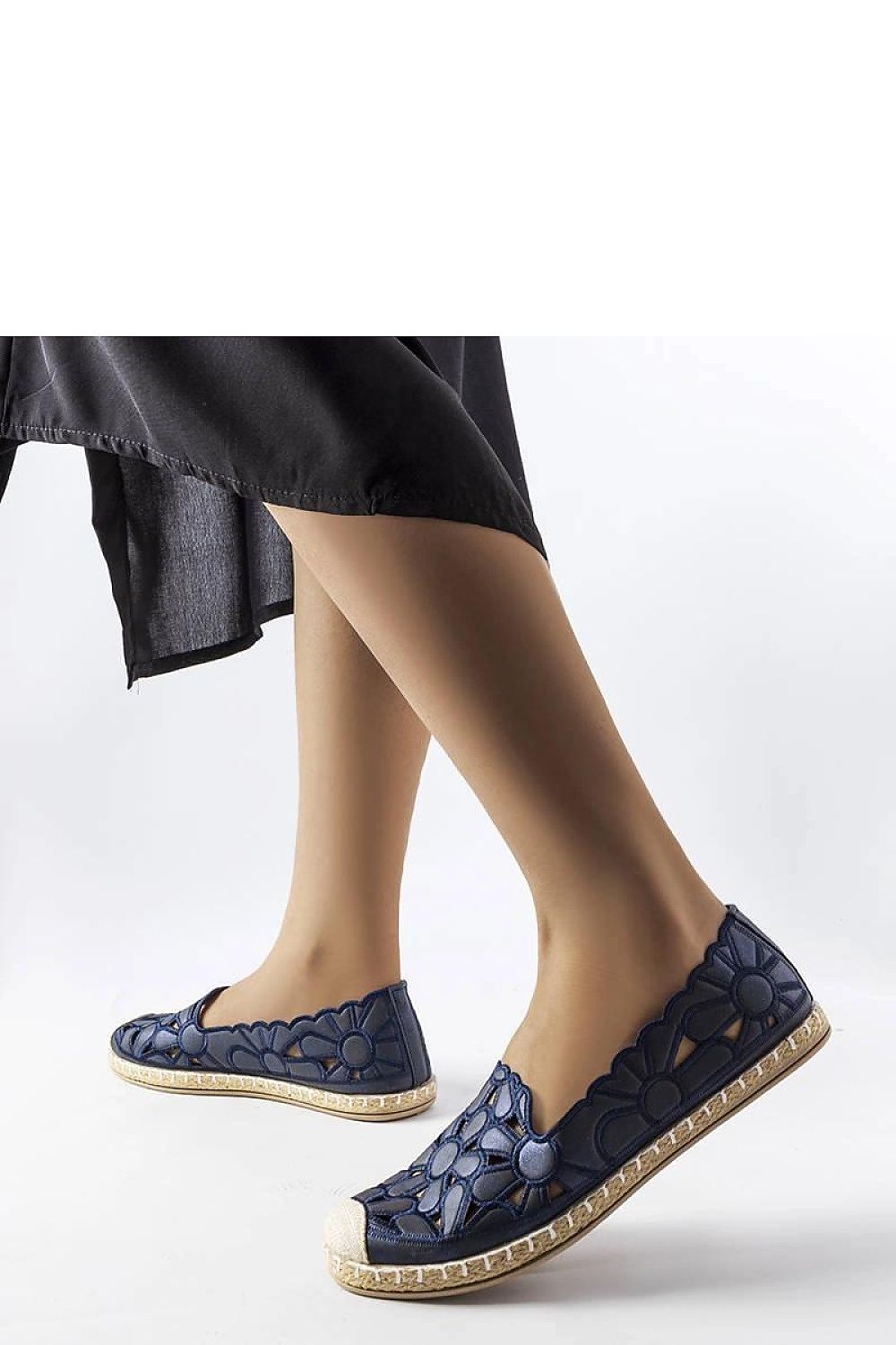 Close-up of Solea navy blue eco leather espadrilles, highlighting the elegant stitching and high-quality material for luxurious comfort.