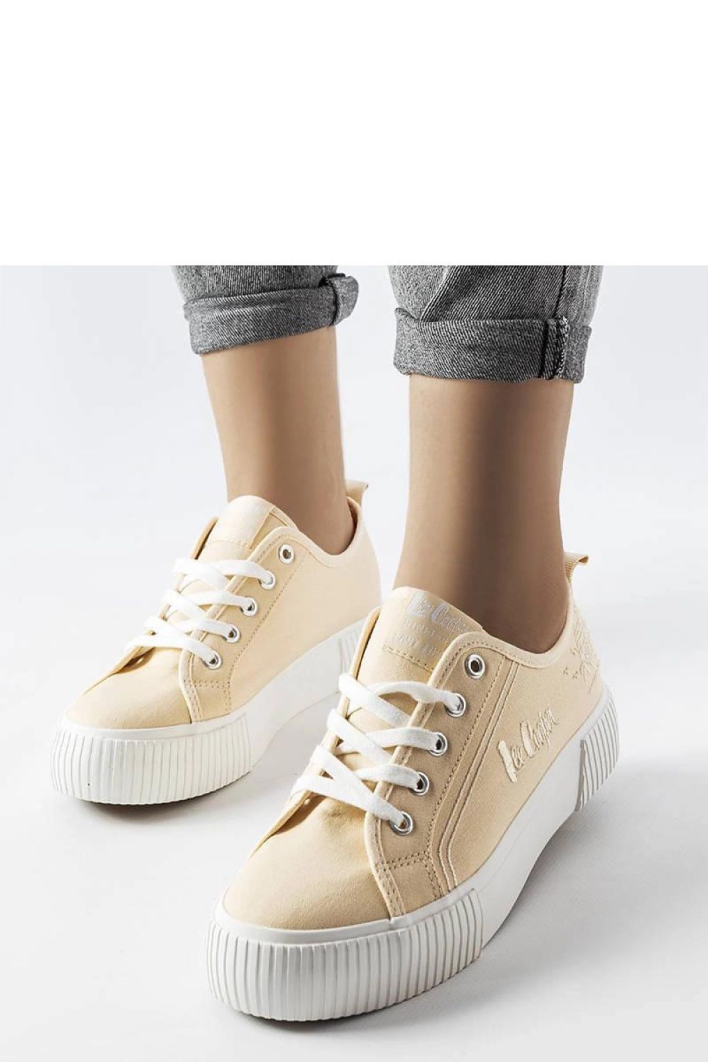 Elegant beige Lee Cooper LCW-23-31-1808L sneakers for women by Solea, featuring a stylish design, white rubber sole, and laced closure for ultimate comfort and durability, available in EU sizes 36-41 and US sizes 5.5-10.5.