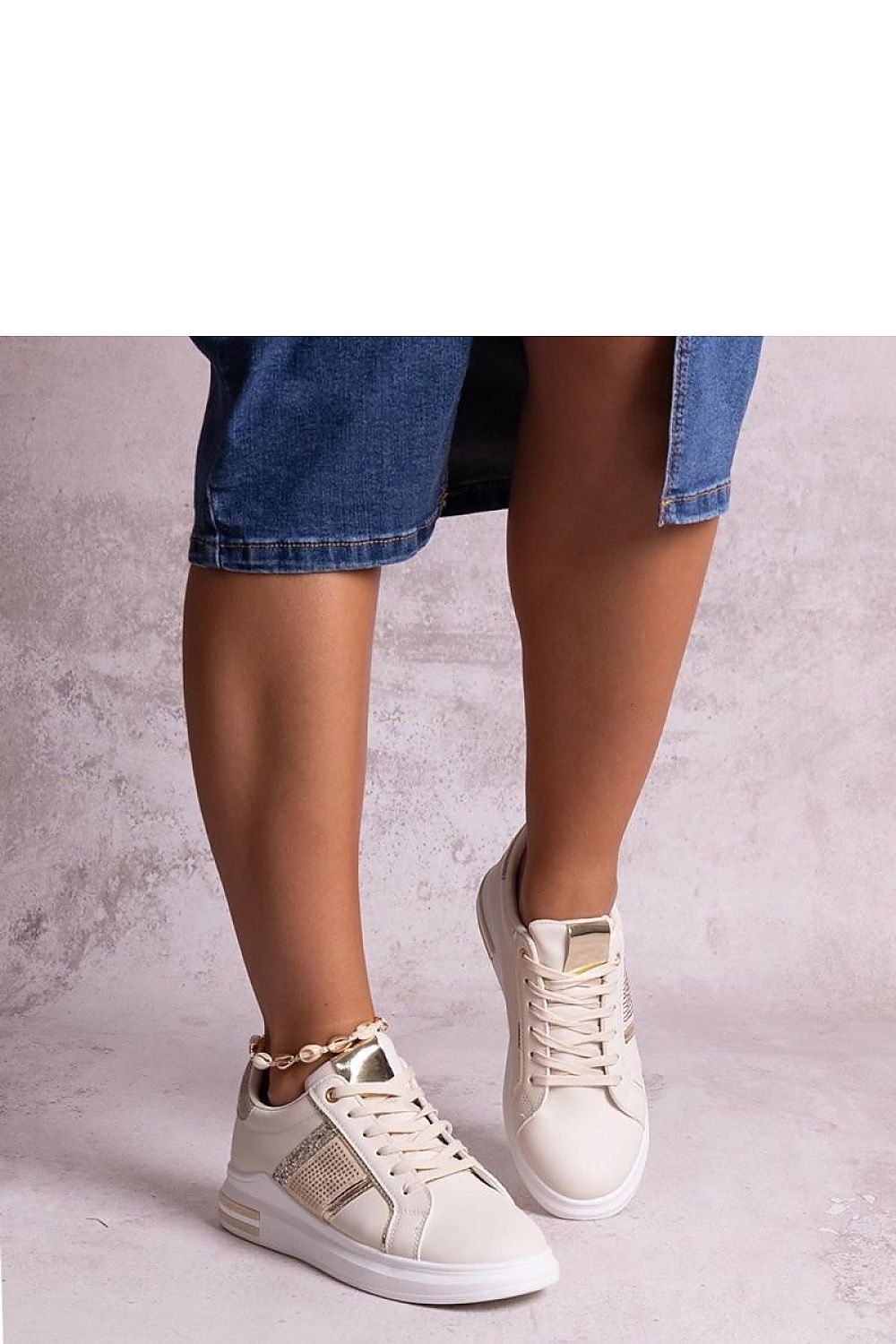 Elegantly designed beige rhinestone-embellished sneakers for women by Solea, showcasing modern style with a luxurious touch.