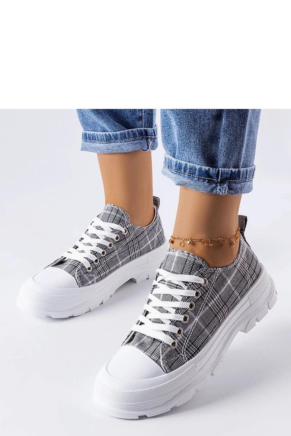Luxury grey plaid McKeylor sneakers for women by Solea, showcasing comfortable lace-up design and trendy platform sole.