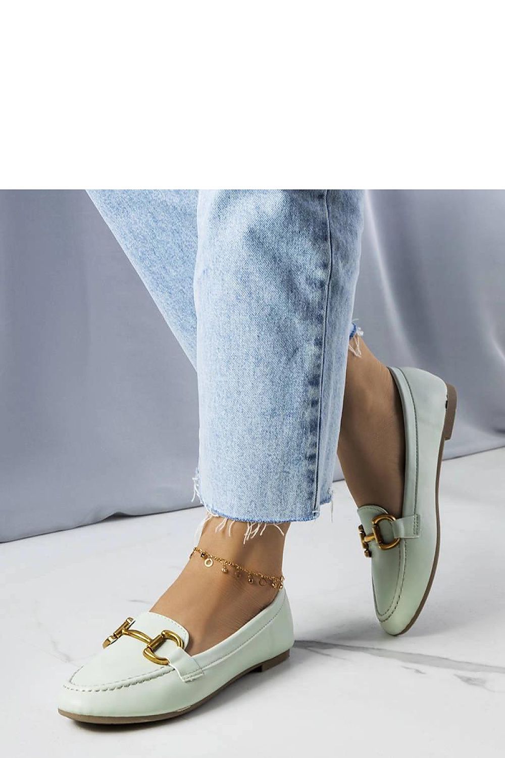 Elegant green moccasins by Solea featuring luxurious gold decoration, crafted from eco leather, perfect for stylish summer outfits.