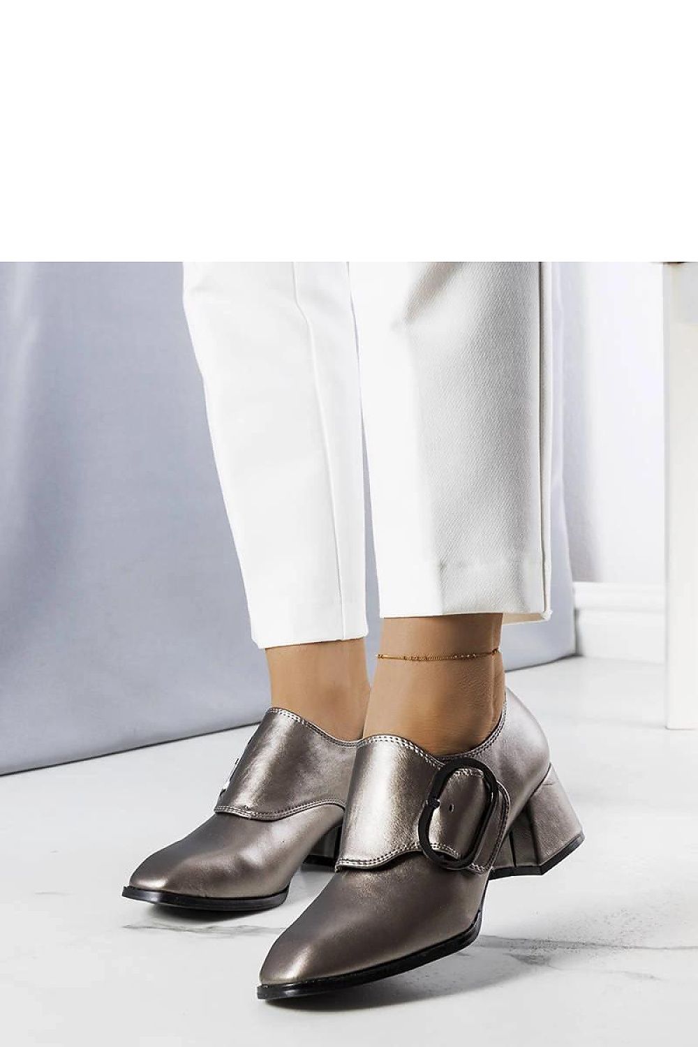 Solea elegant grey eco-leather heel pumps with buckle, showcasing low 5cm heel, ideal for business attire.