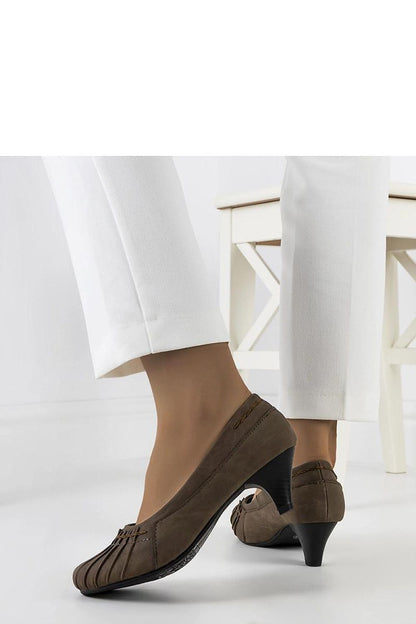 Close-up of the sophisticated ruching design on the eco leather brown pumps by Solea, exemplifying luxury and versatility for both office and formal events.