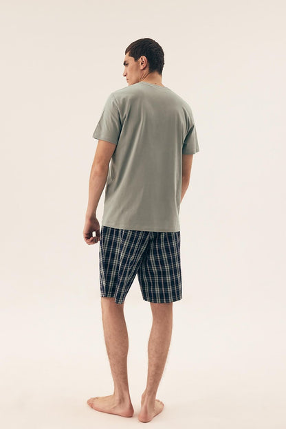 Stylish Henderson Cotton Pajama Set for men with a classic round neckline and practical chest pocket, perfect for comfortable sleep and modern style.