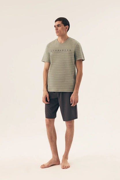 Close-up of Henderson Men's Cotton Pyjamas Set V-Neck Shirt and Drawstring Shorts, expertly crafted for comfort and fit, suitable for all occasions.