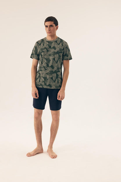 Men's Luxury Camouflage Pajama Set by Henderson, featuring a stylish camouflage print t-shirt and comfortable shorts, made of 100% cotton for ultimate relaxation and breathability, ideal for warm nights.