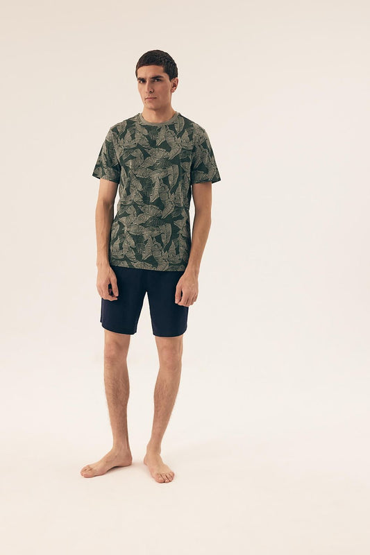 Men's Luxury Camouflage Pajama Set by Henderson, featuring a stylish camouflage print t-shirt and comfortable shorts, made of 100% cotton for ultimate relaxation and breathability, ideal for warm nights.