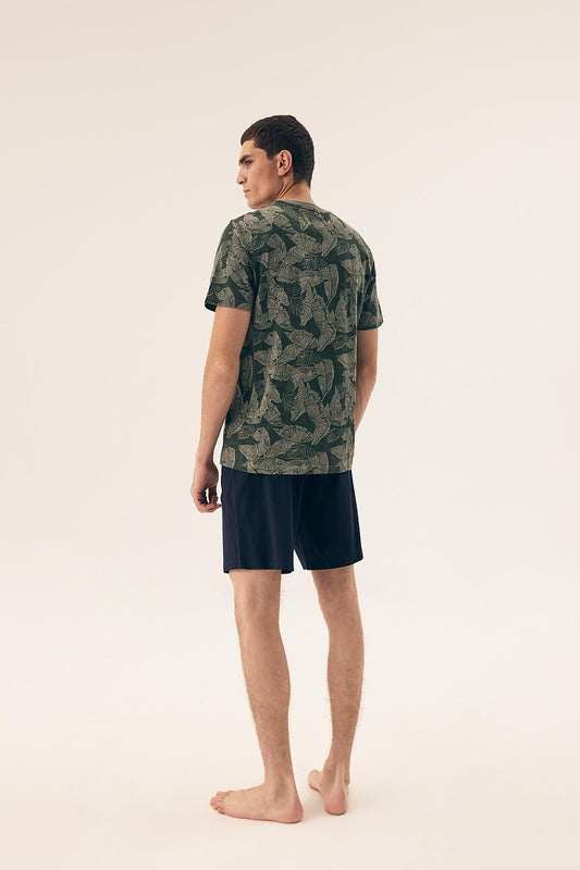 Luxurious men's camouflage pajama set by Henderson, crafted from soft cotton, featuring a stylish t-shirt with a trendy camouflage print and comfortable shorts for ultimate sleep comfort.