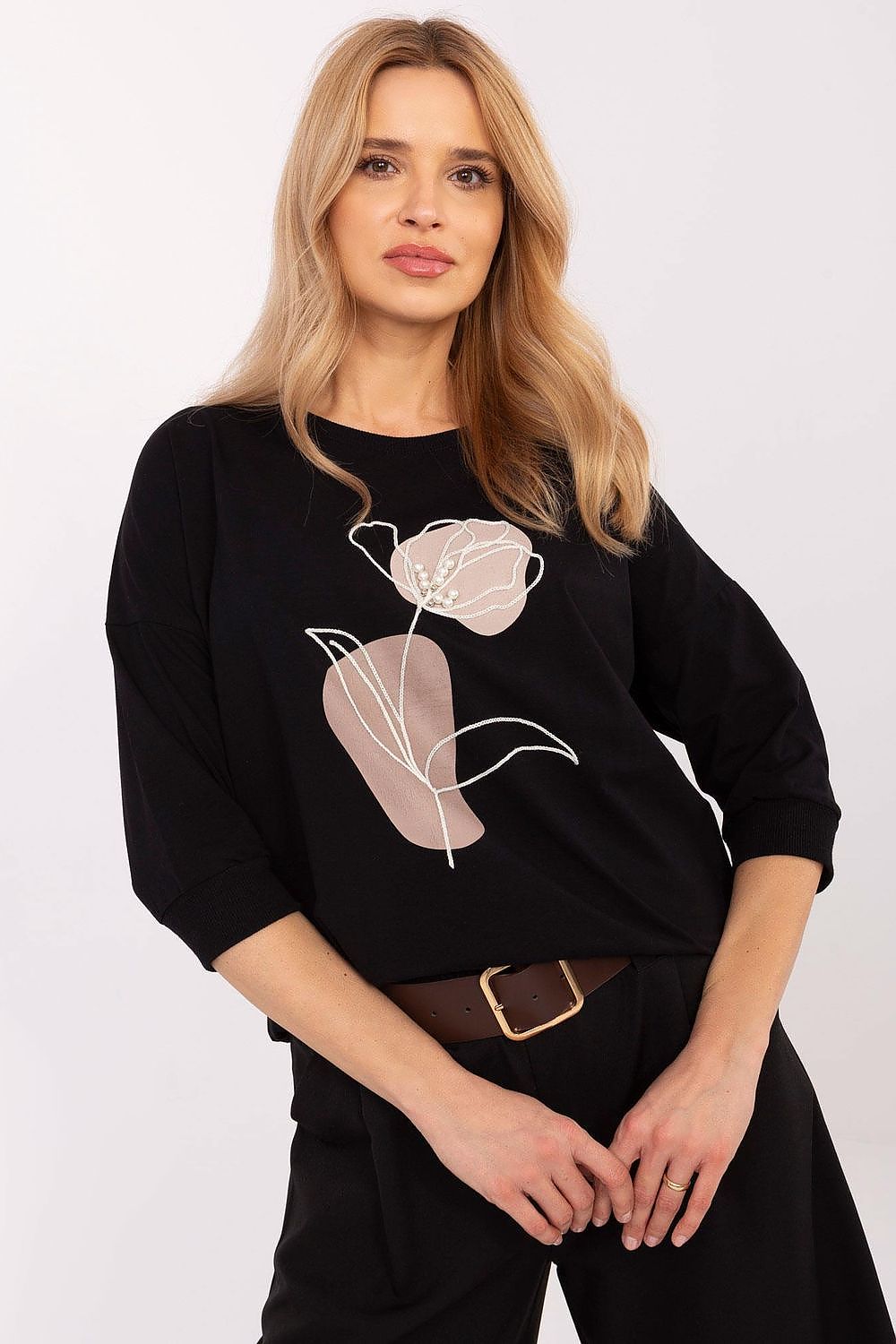 Elegant 3/4 sleeve casual blouse in cotton blend with intricate embroidery and pearls by Relevance, showcasing sophistication and comfort.