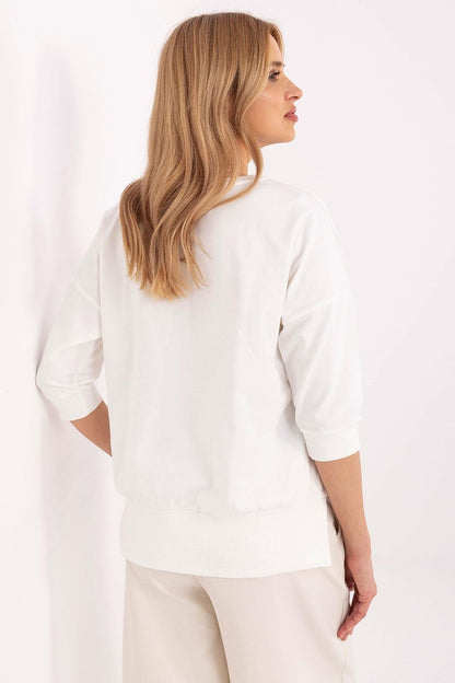 Elegant 3/4 sleeve casual blouse by Relevance, made from a premium cotton blend featuring delicate embroidery and pearls, ideal for sophisticated everyday wear.