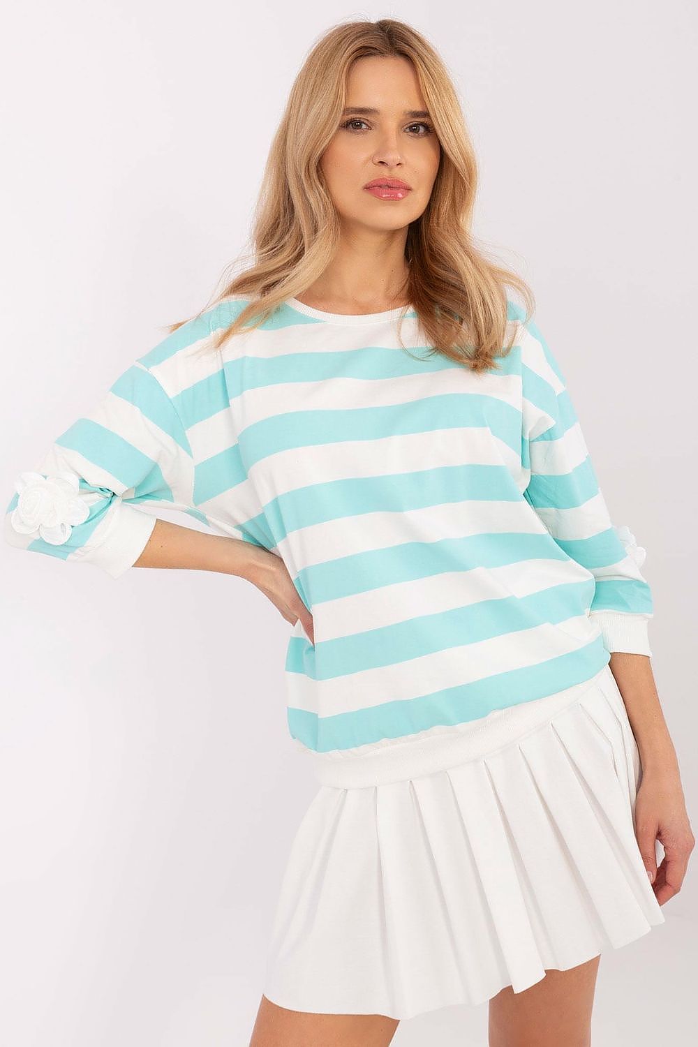 Elegant 3/4 sleeve striped cotton blouse with floral patches by Relevance, showcasing a timeless style perfect for casual or formal occasions.