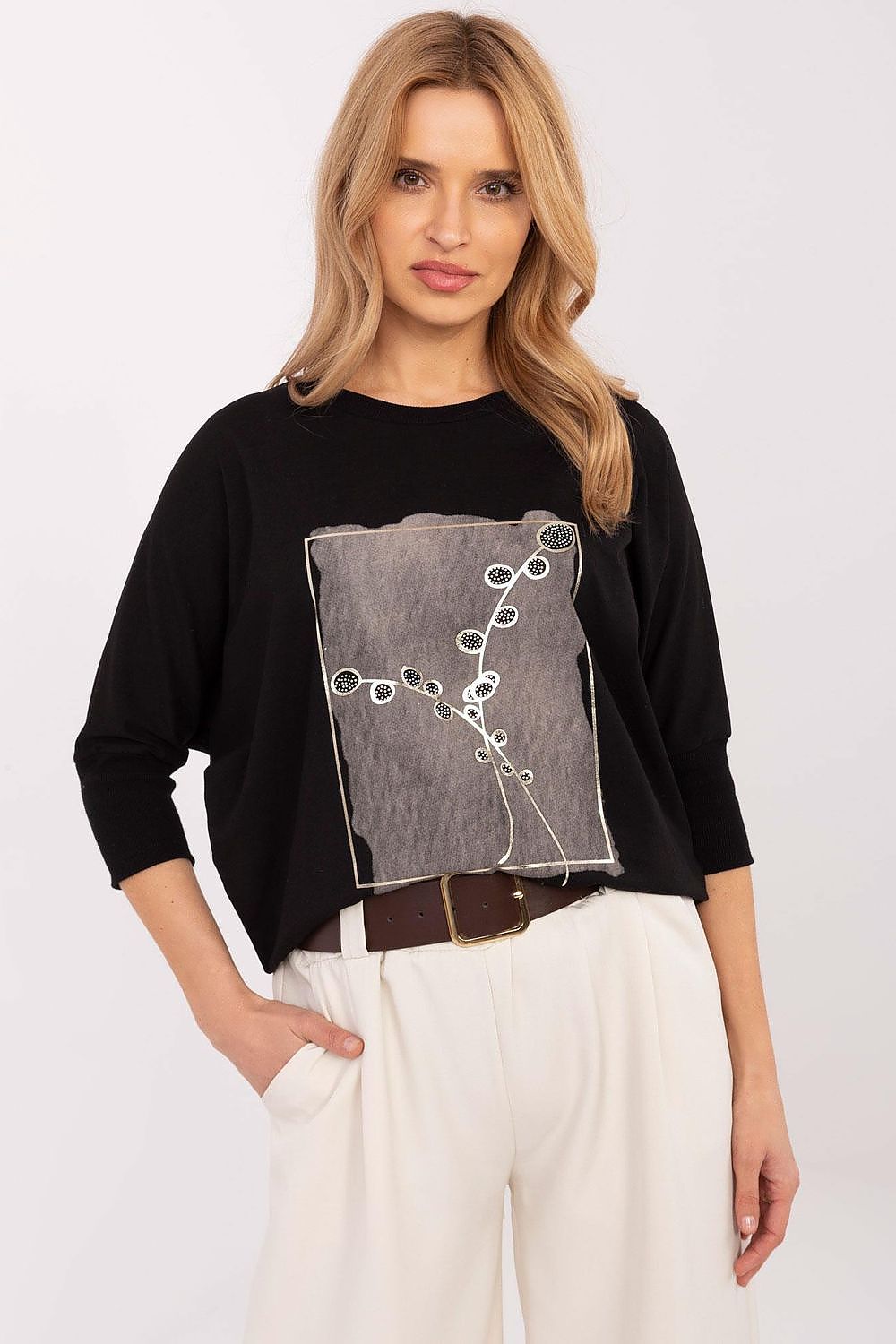 Elegant 3/4 sleeve blouse by Relevance, featuring luxurious jet stone print, ideal for everyday wear, crafted from a soft cotton blend.