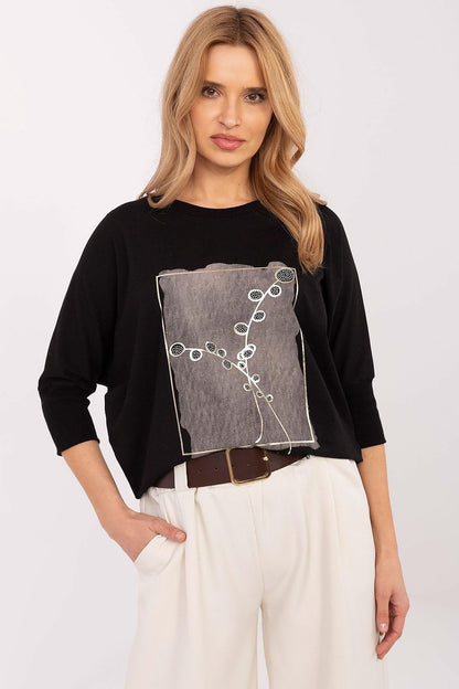 Elegant 3/4 sleeve blouse by Relevance, featuring luxurious jet stone print, ideal for everyday wear, crafted from a soft cotton blend.