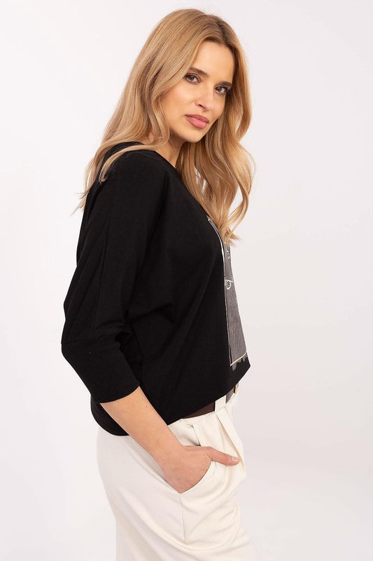 Stylish Relevance blouse with 3/4 sleeves, designed for comfort and elegance with a striking jet stone print, perfect for casual or work outfits.
