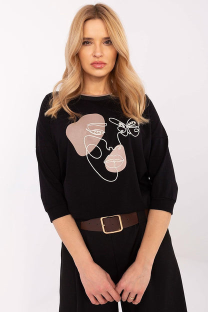 Luxurious 3/4 sleeve embroidered cotton blouse with pearls and zircons by Relevance, perfect for elegant everyday wear.