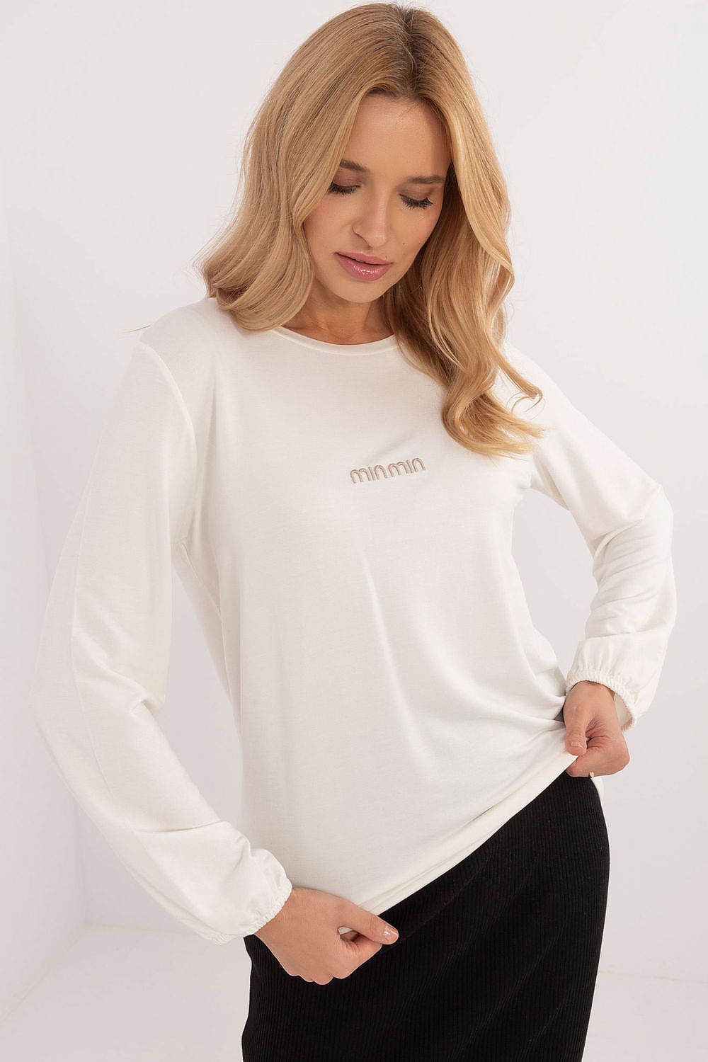 Elegant long sleeve micro modal blouse with spandex by Relevance, featuring a smooth pattern and subtle inscription, perfect for luxury everyday wear.