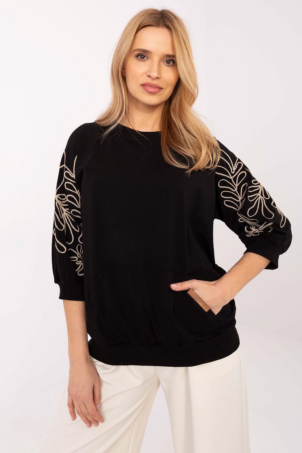 Elegant Women's 3/4 sleeve sweatshirt with kangaroo pocket and embroidered leaf patterns by Relevance, featuring a soft cotton blend for luxurious comfort, suitable for casual and stylish outfits.