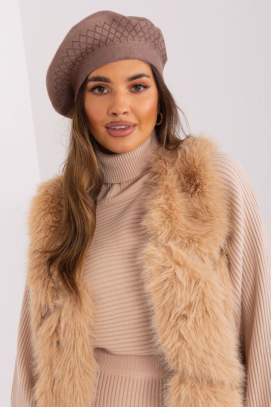 Elegant shiny beret hat for women by AT, crafted from a soft acrylic, cotton and cashmere blend, enhancing any sophisticated outfit.