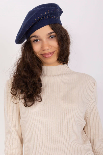 Elegant shiny beret hat for women by AT, crafted from a luxurious blend of acrylic, cotton, and cashmere, showcasing refined style and sophistication.