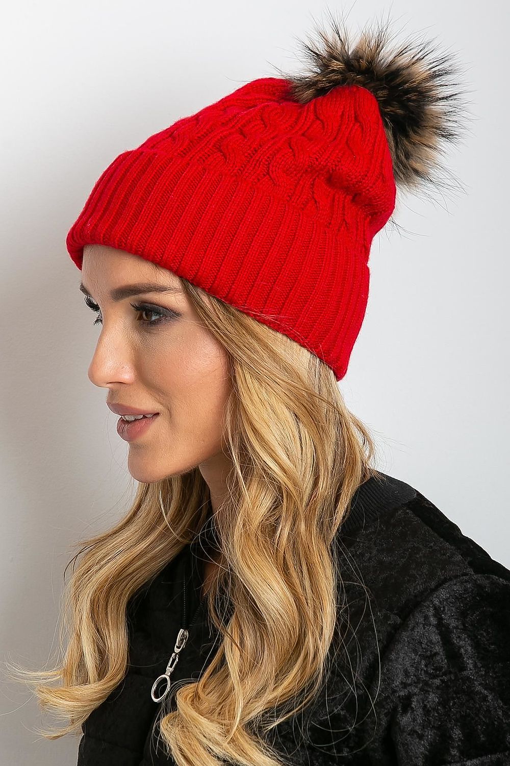 Sophisticated winter hat by AT with a plush fluffy pompom and a wide cuff, expertly made with acrylic, cotton, and cashmere for ultimate warmth.