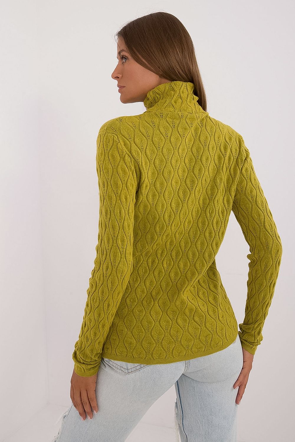 Elegant Lacy Turtleneck Sweater in Soft Viscose by AT, showcasing a unique lacy pattern and soft fabric, ideal for casual chic outfits.