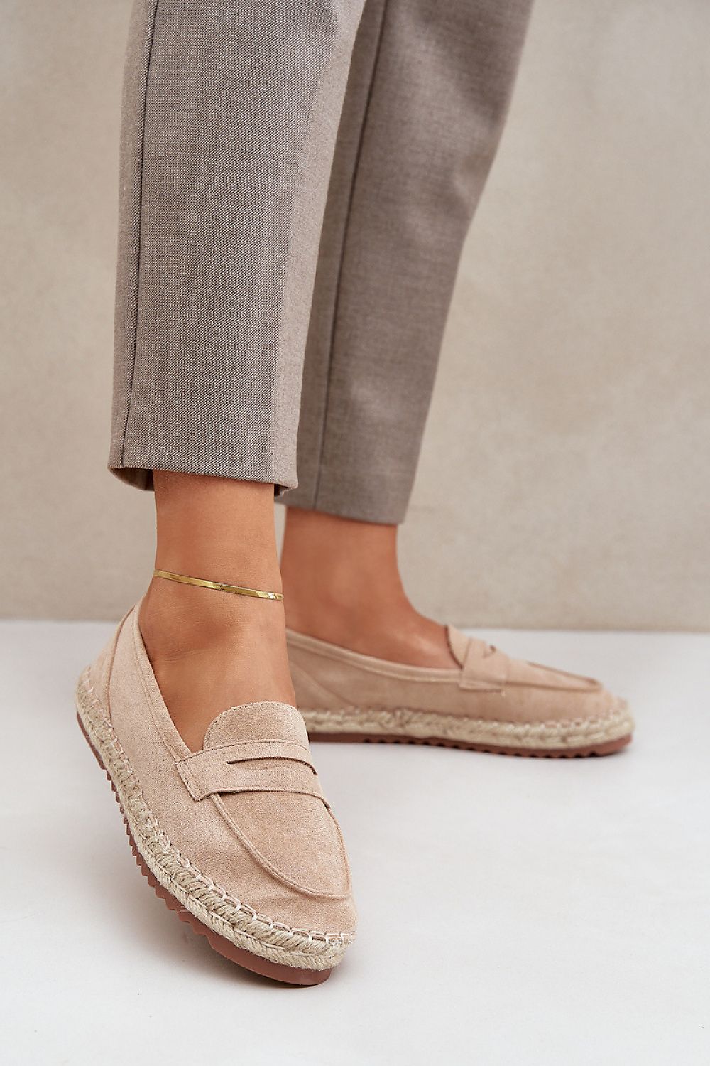 Luxury women's eco-suede espadrilles with jute detail, designed by Step in Style, featuring a flat sole for all-day comfort and a feminine rounded toe, perfect for summer elegance.