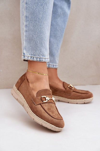 Stylish eco suede women’s moccasins with elegant golden detailing by Step in Style, featuring a breathable upper for enhanced comfort in sizes EU 36-41.