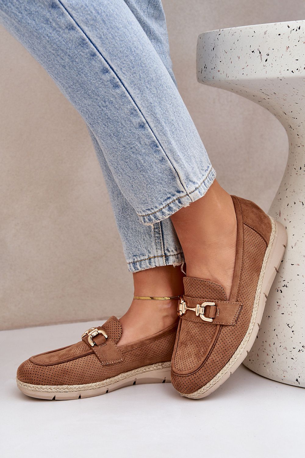 Step in Style eco suede moccasins for women, featuring a delicate jute braid platform and refined golden accents.