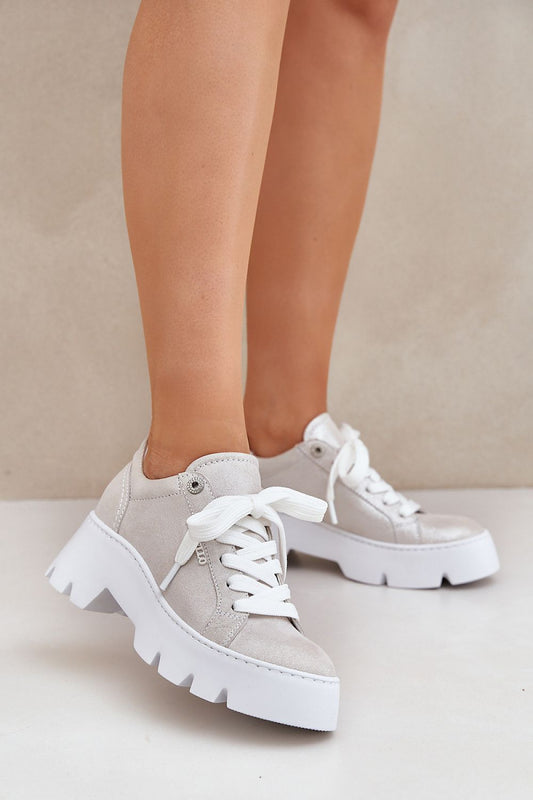 Luxury women's natural leather sneakers from Step in style, showcasing a stylish platform heel and elegant rounded toe design.