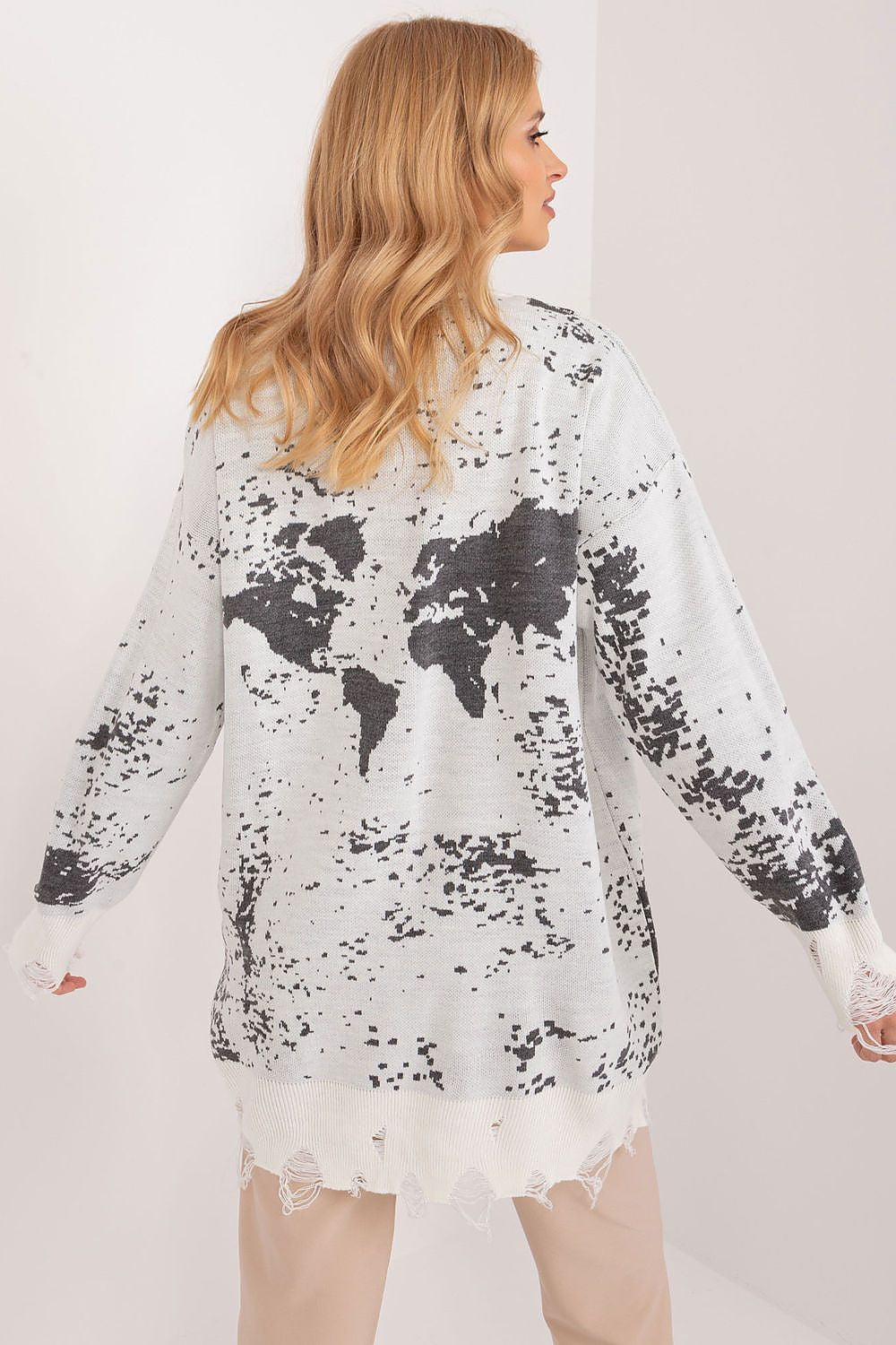 Luxurious oversized women's acrylic wool sweater by Badu, featuring a unique print and decorative cuffs, perfect for stylish everyday wear.